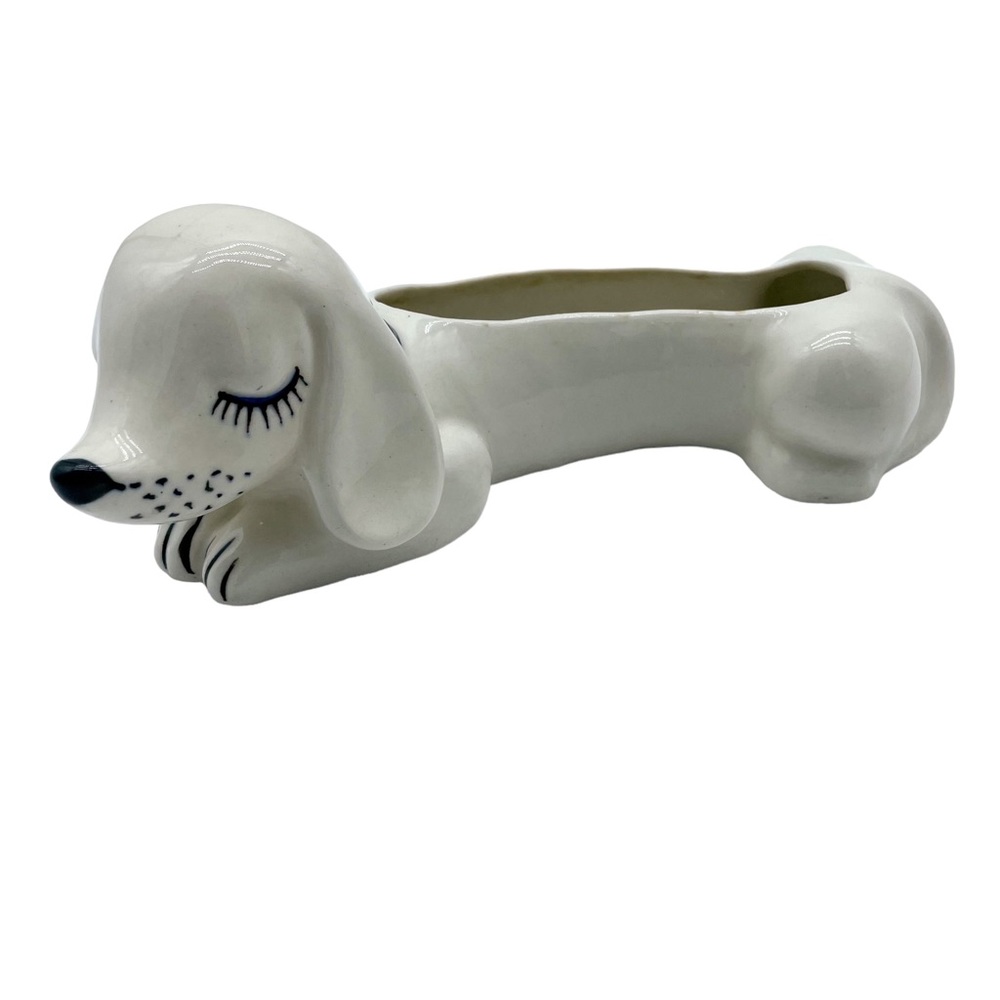 White Ceramic Sleepy Dog Planter /Trinket Dish
